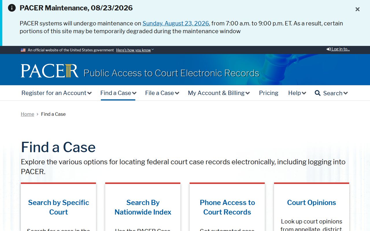 PACER federal case search choices for Oconee County matters