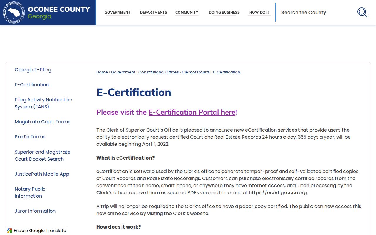 Oconee County court case records eCertification request workflow