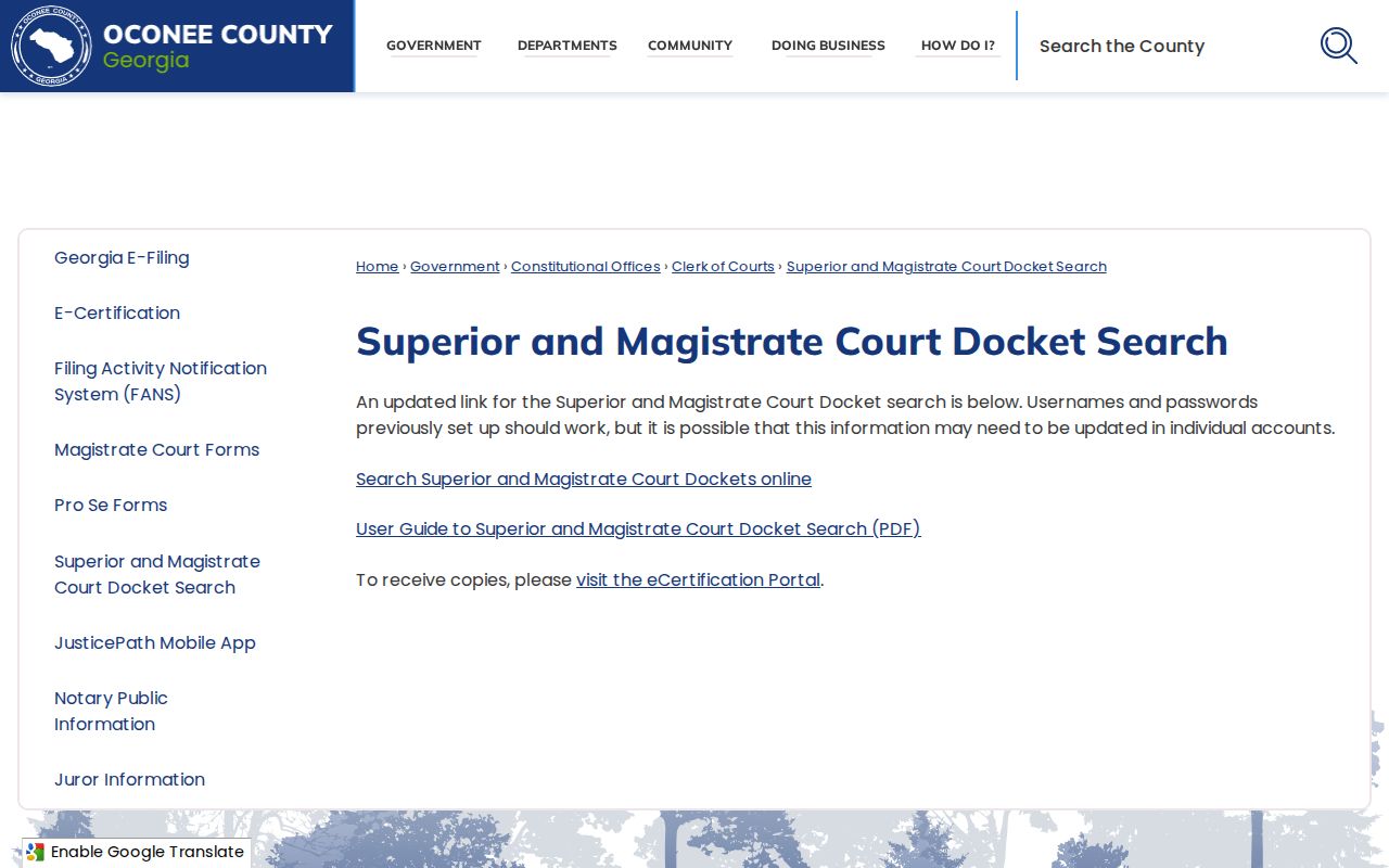 Oconee County court docket official search landing page