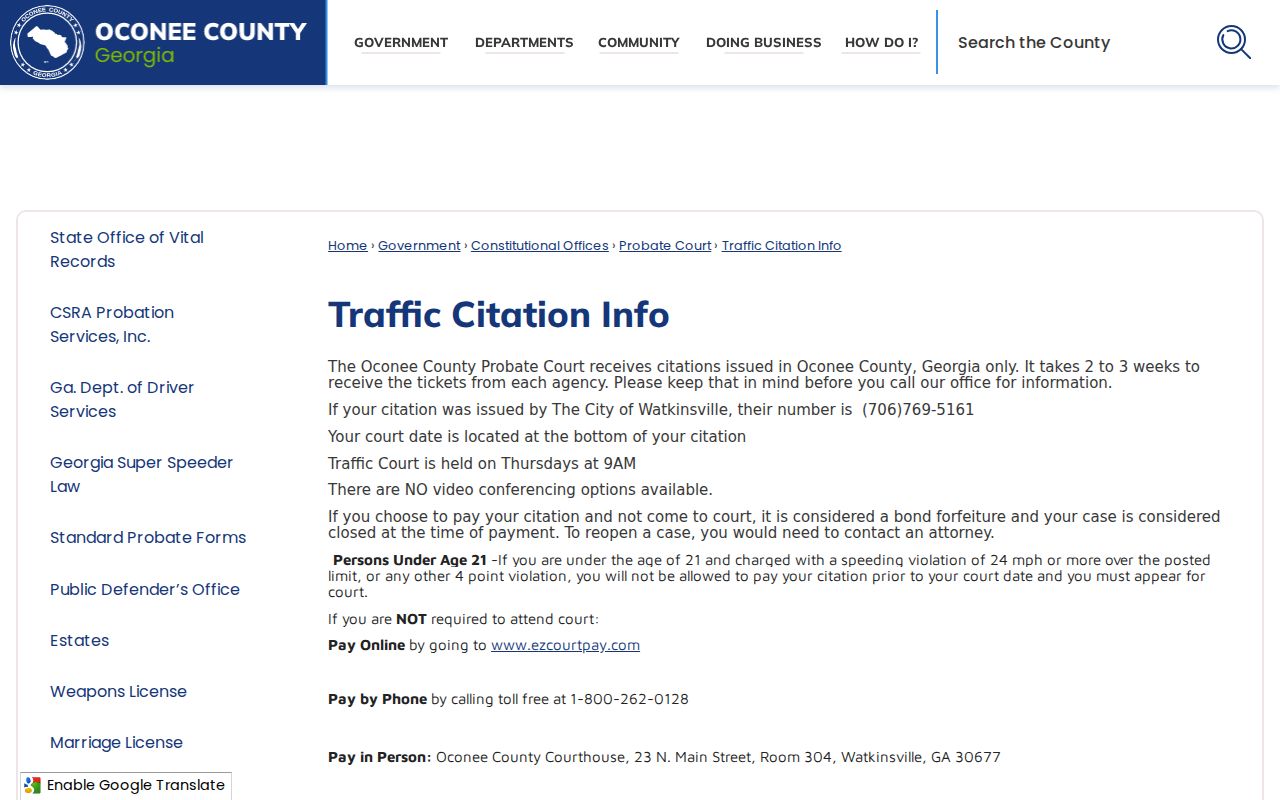 Oconee County traffic court records citation routing and rules